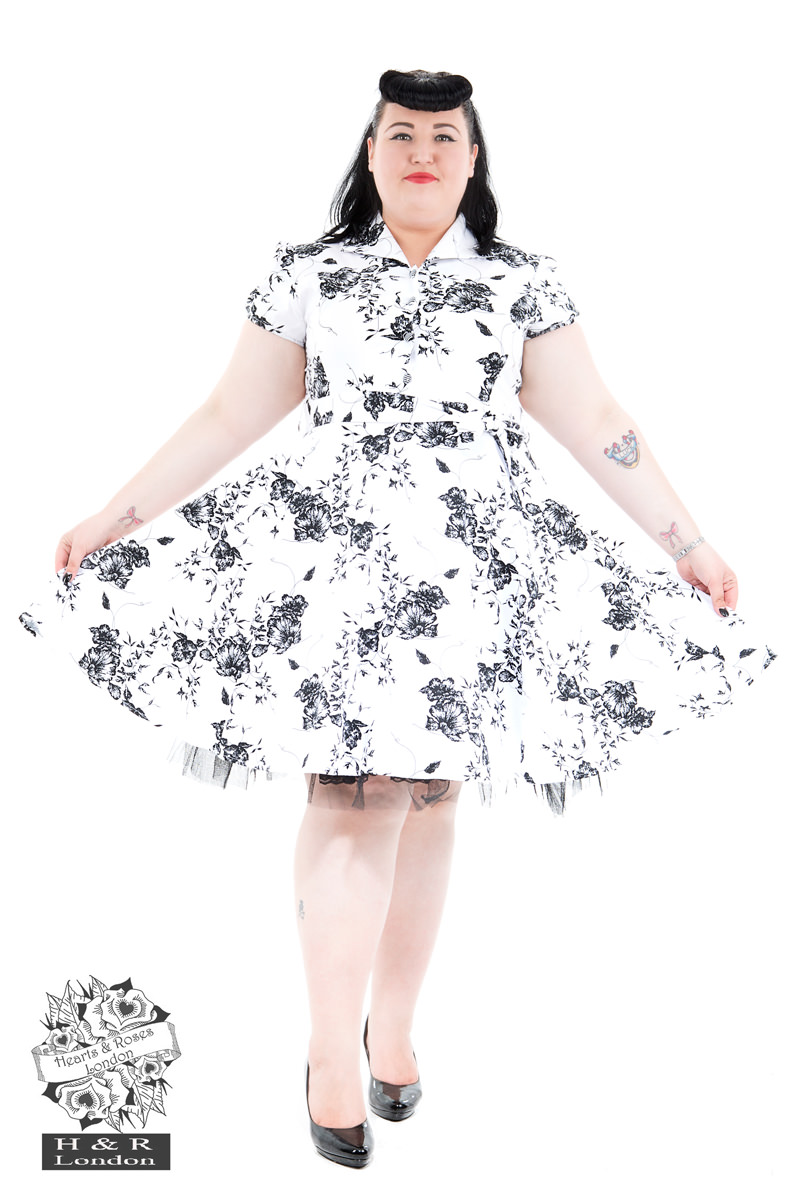 50's Imitation White Black Floral Tea Dress